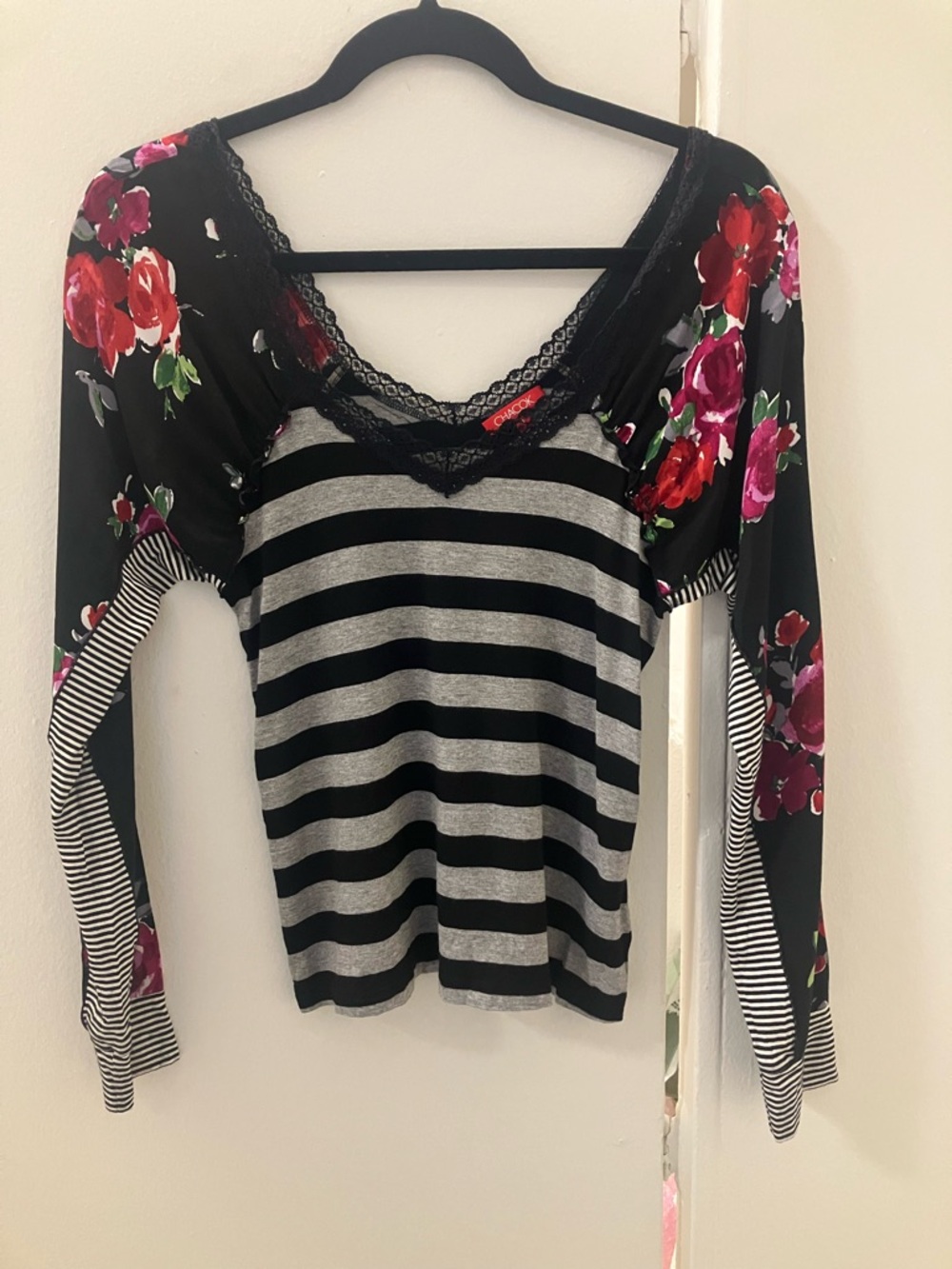 Chacok France Vintage Y2K Shirt Top Stripe Floral V Neck Back Slim Sz 1 S.
